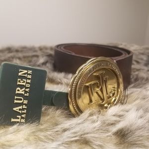 Ralph Lauren Brown Leather Belt with Gold buckle. Vintage 90s. NEW with tags.
